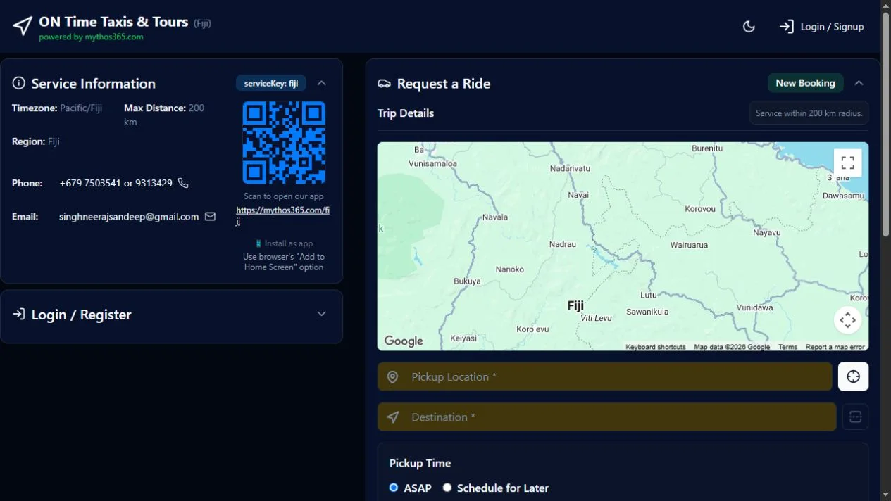 Mythos365 service booking interface with trip map and pickup options